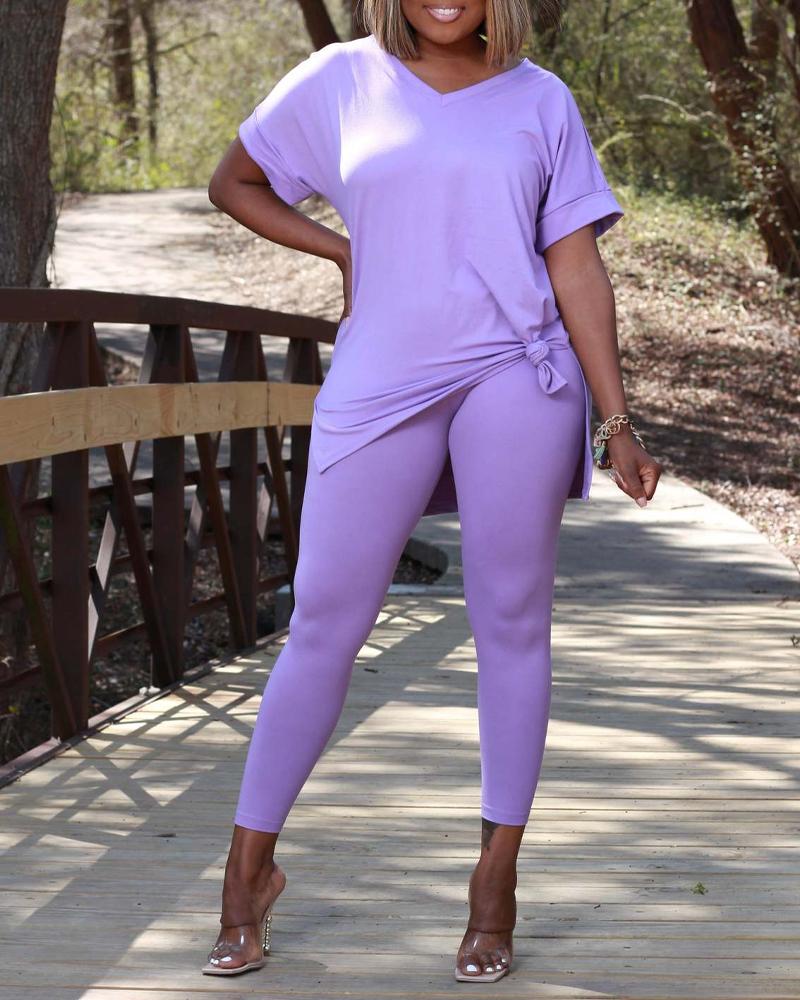 

V-Neck Split Hem Casual Top & Pants Set, Purple