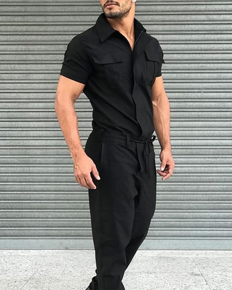 

Man Pocket Design Short Sleeve Cargo Jumpsuit, Black