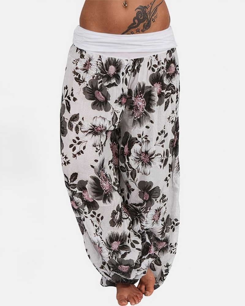

Floral Print Ruched Low Waist Harem Pants, White