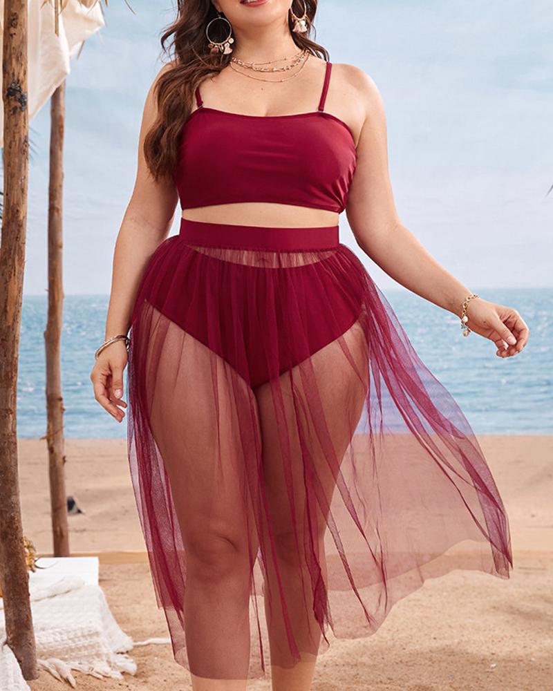 

Plus Size 3PCS High Waist Bikini Set With Sheer Mesh Cover Up, Wine red
