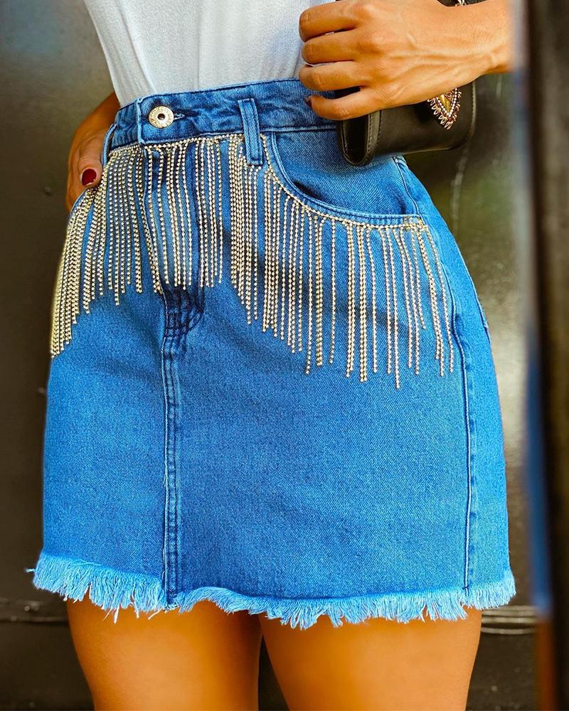

Tassel Decor Raw Hem Denim Skirt, Blue