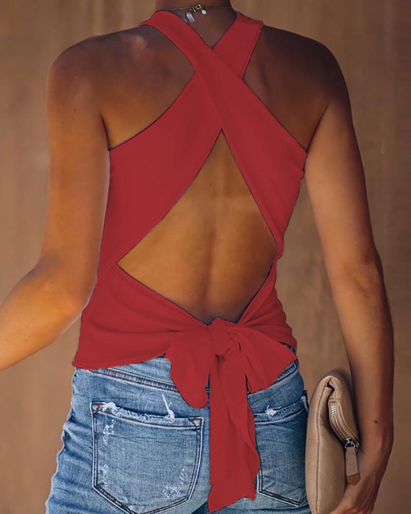 

Crisscross Backless Tied Detail Top, Red