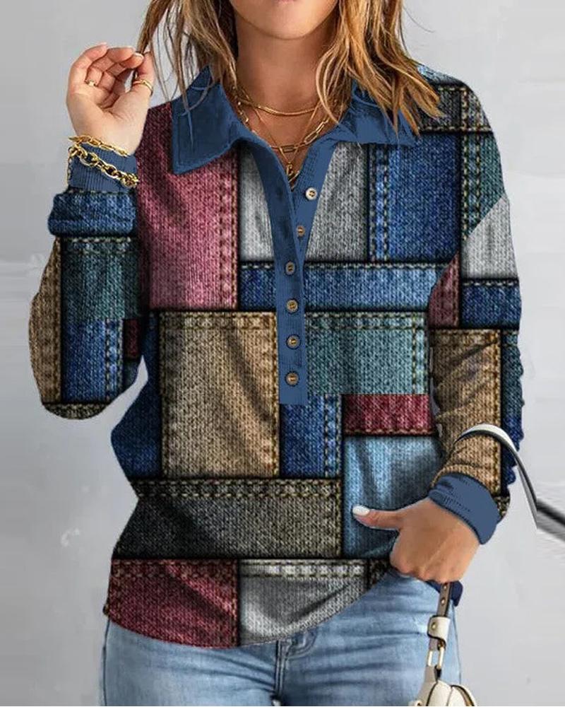 

Denim Look Print Button Front Long Sleeve Top, Multicolor