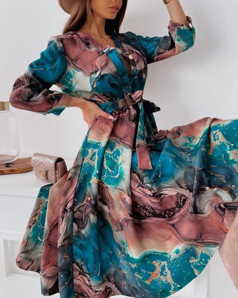 

Marble Print Long Sleeve Buttoned Shirt Dress, Green