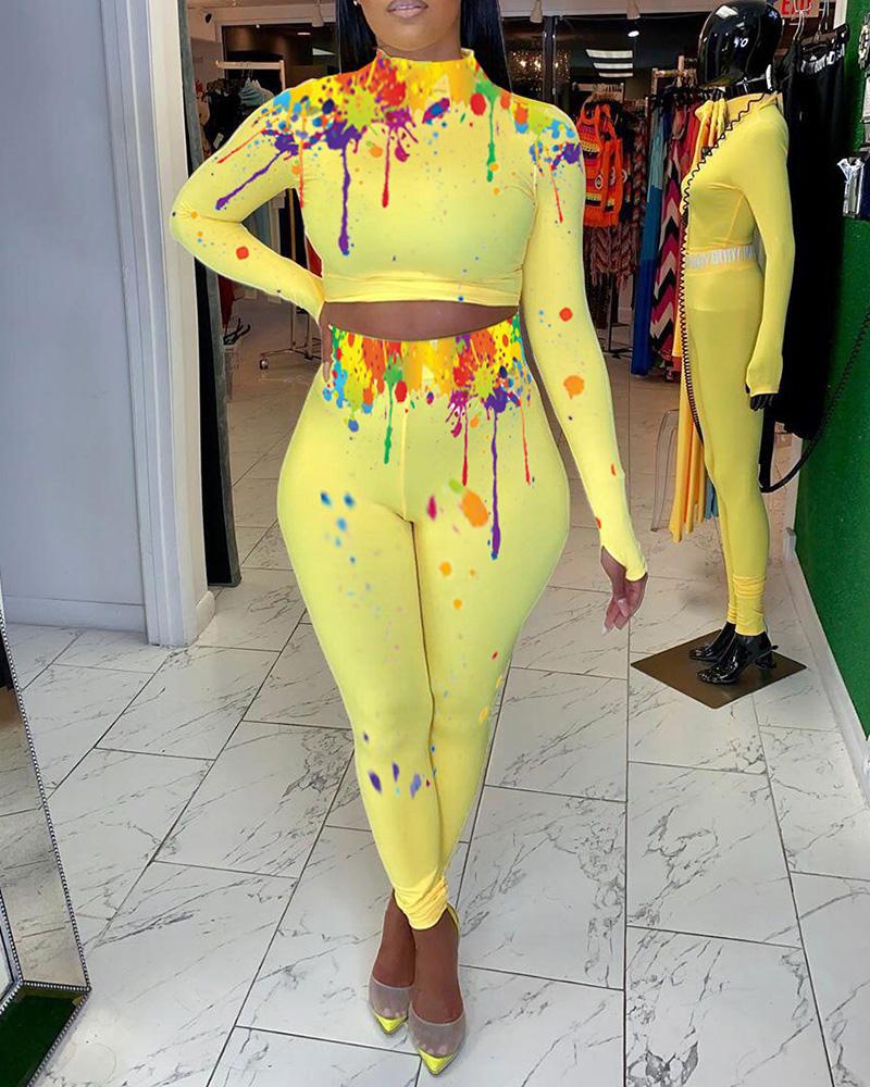 

Splash-ink Long Sleeve Crop Top & High Waist Pants Set, Yellow