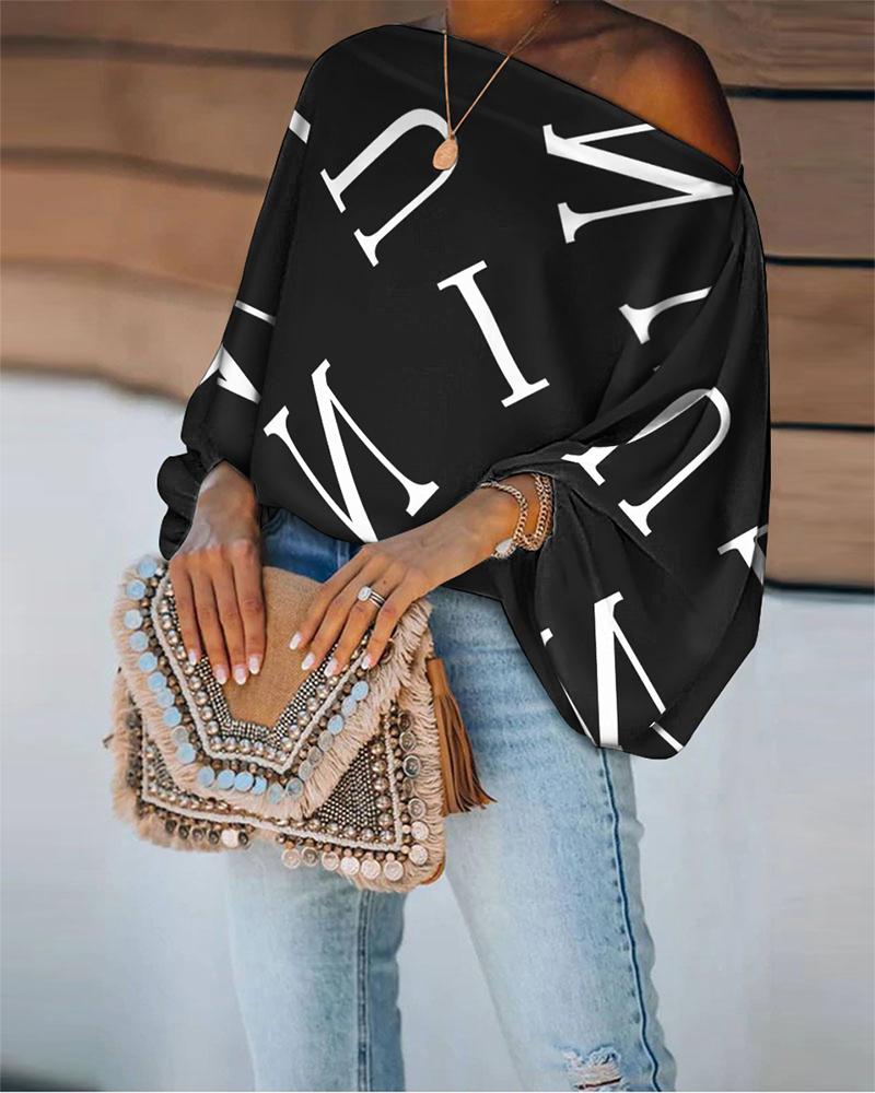 

Letter Print Lantern Sleeve Top, Black