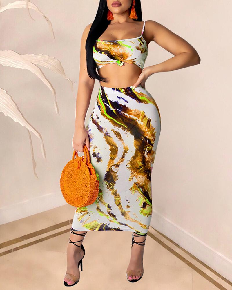 

Spaghetti Strap Crop Top & Skirt Set, Yellow