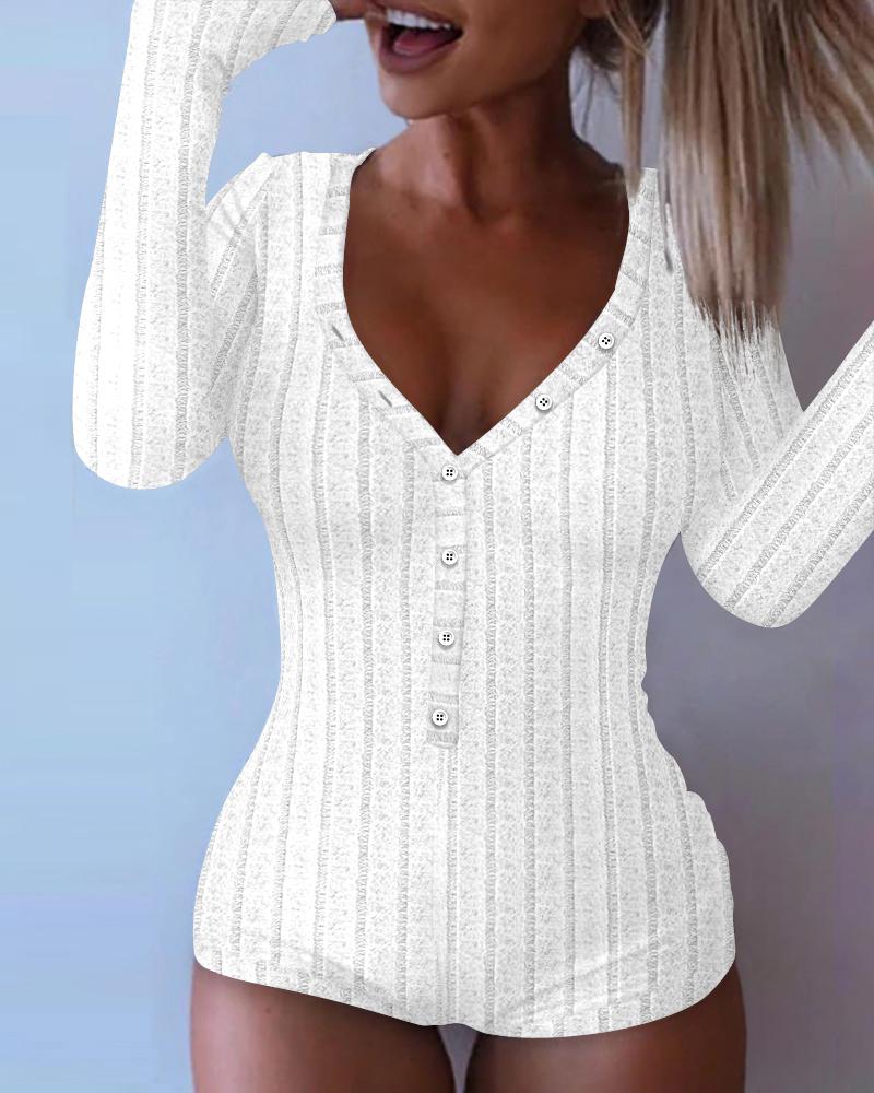 

V-Neck Long Sleeve Buttoned Ribbed Onesie Romper, White