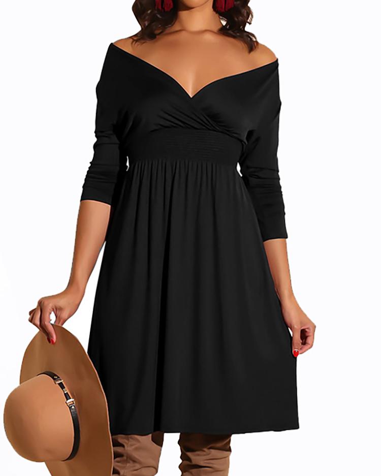

Off Shoulder Shirred Waist Pleated Dress, Black