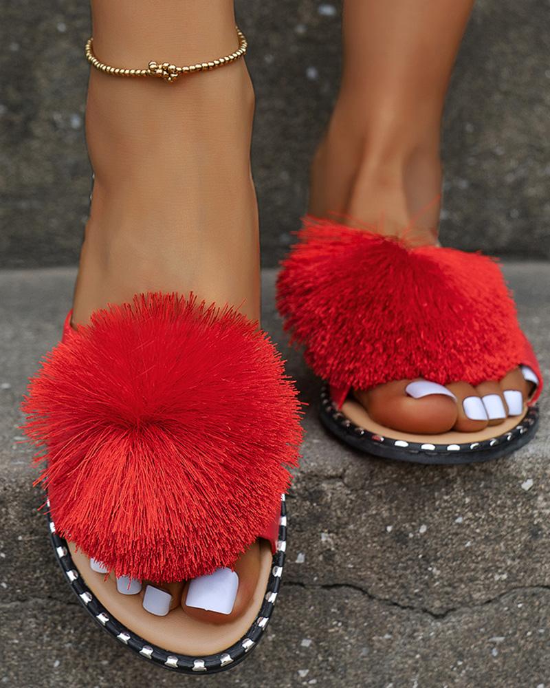

Fuzzy Pom Pom Wide Strap Slippers, Red