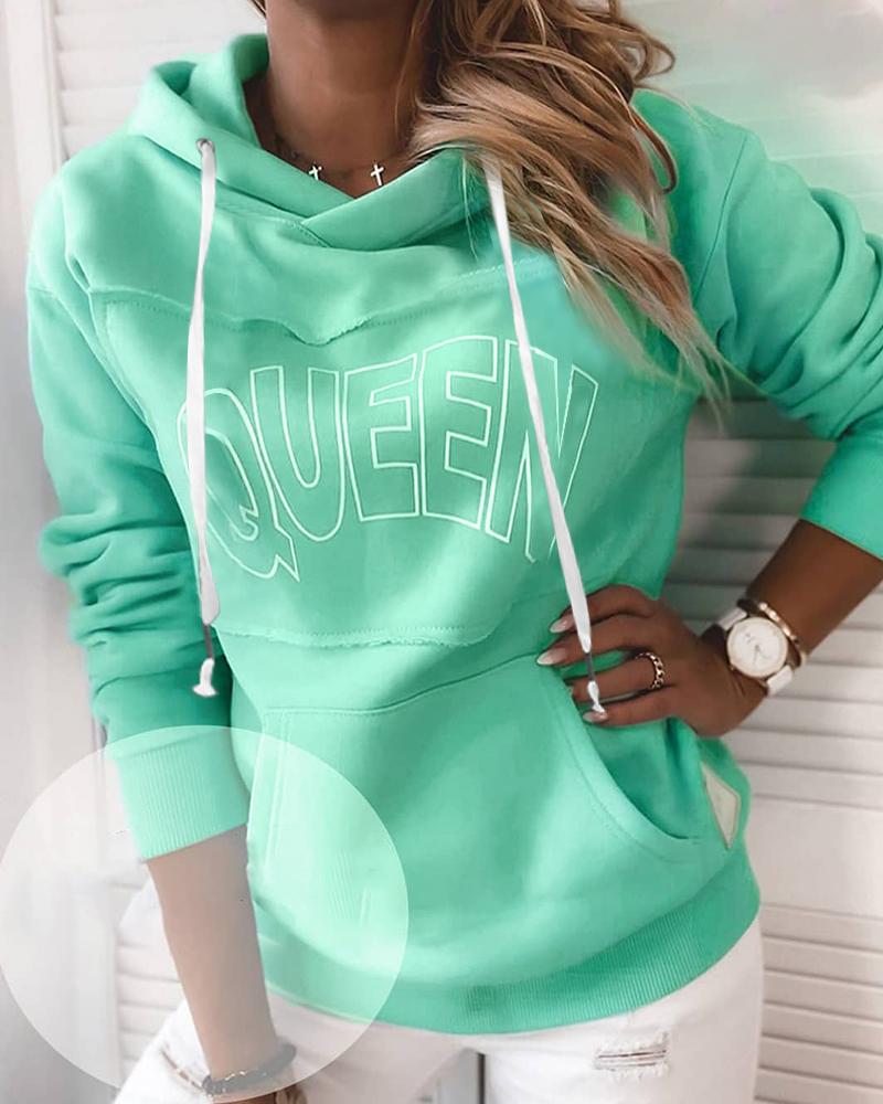 

Letter Print Pocket Design Hooded Top, Green