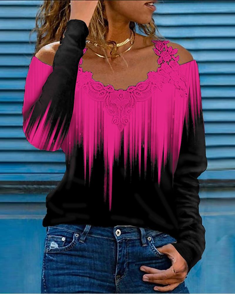 

Ombre Print Contrast Lace Cold Shoulder Top, Rose red