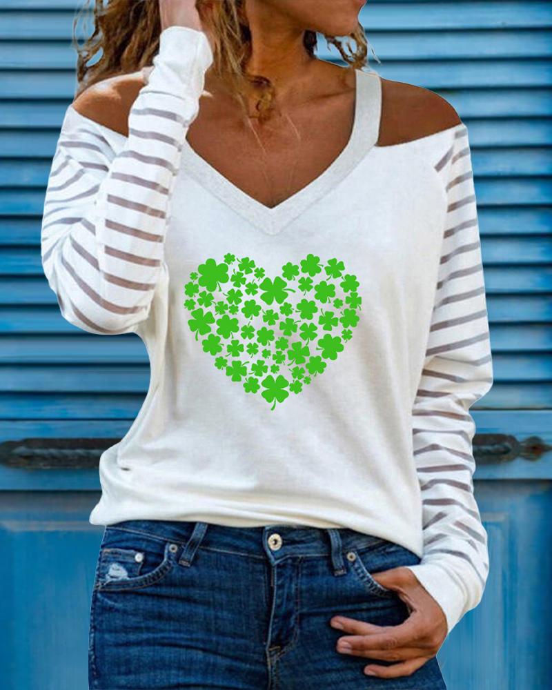 

St. Patrick' Day Lucky Shamrock Heart Print Cold Shoulder Top, White