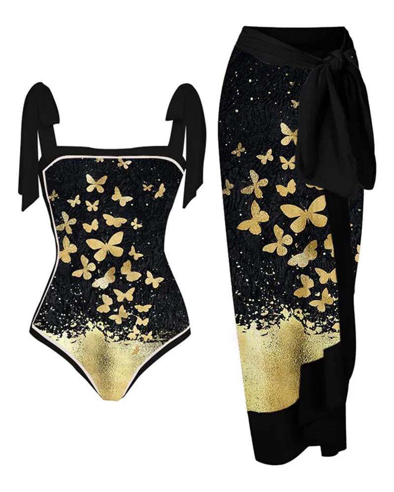 

Butterfly Print Tied Detail One Piece Swimsuit With Cover Up Skirt, Black