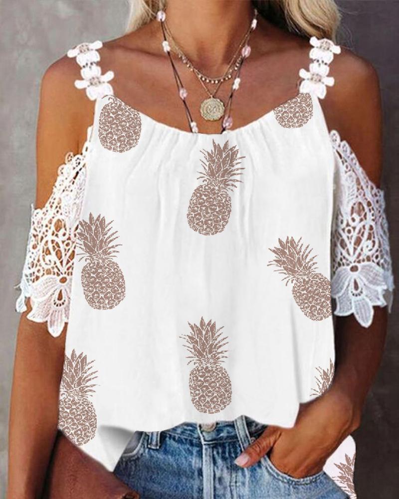 

Pineapple Print Contrast Lace Cold Shoulder Top, White