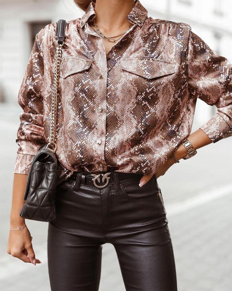 

Snakeskin Print Flap Detail Button Down Satin Shirt, Brown