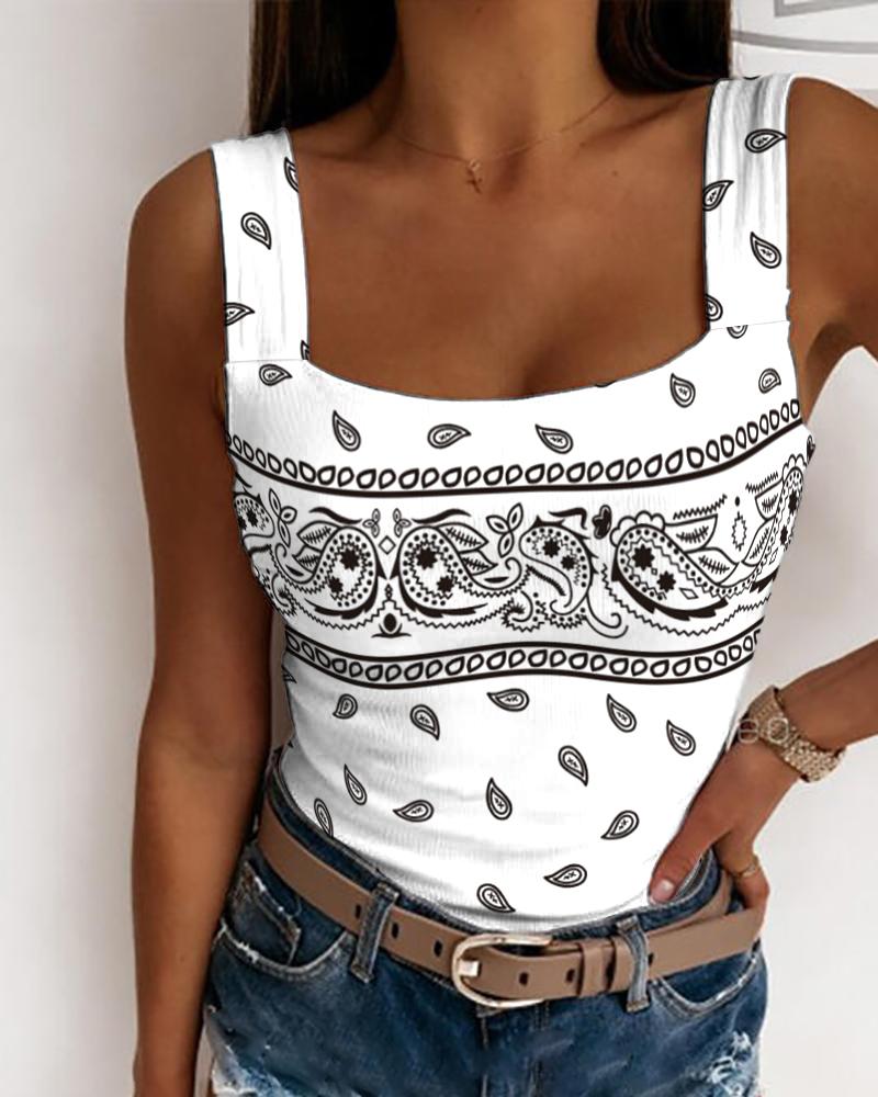 

Paisley Print Ribbed Tank Top, White