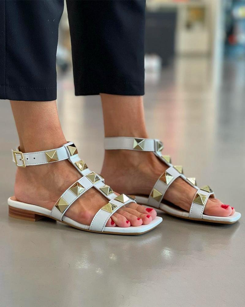 

Square-toe Solid Color Strap Splicing Studded Flat Sandals, White