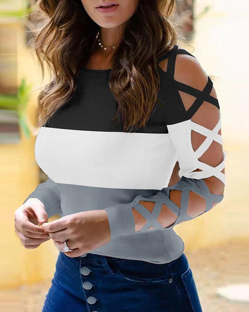 

Colorblock Crisscross Cold Shoulder Top, Gray