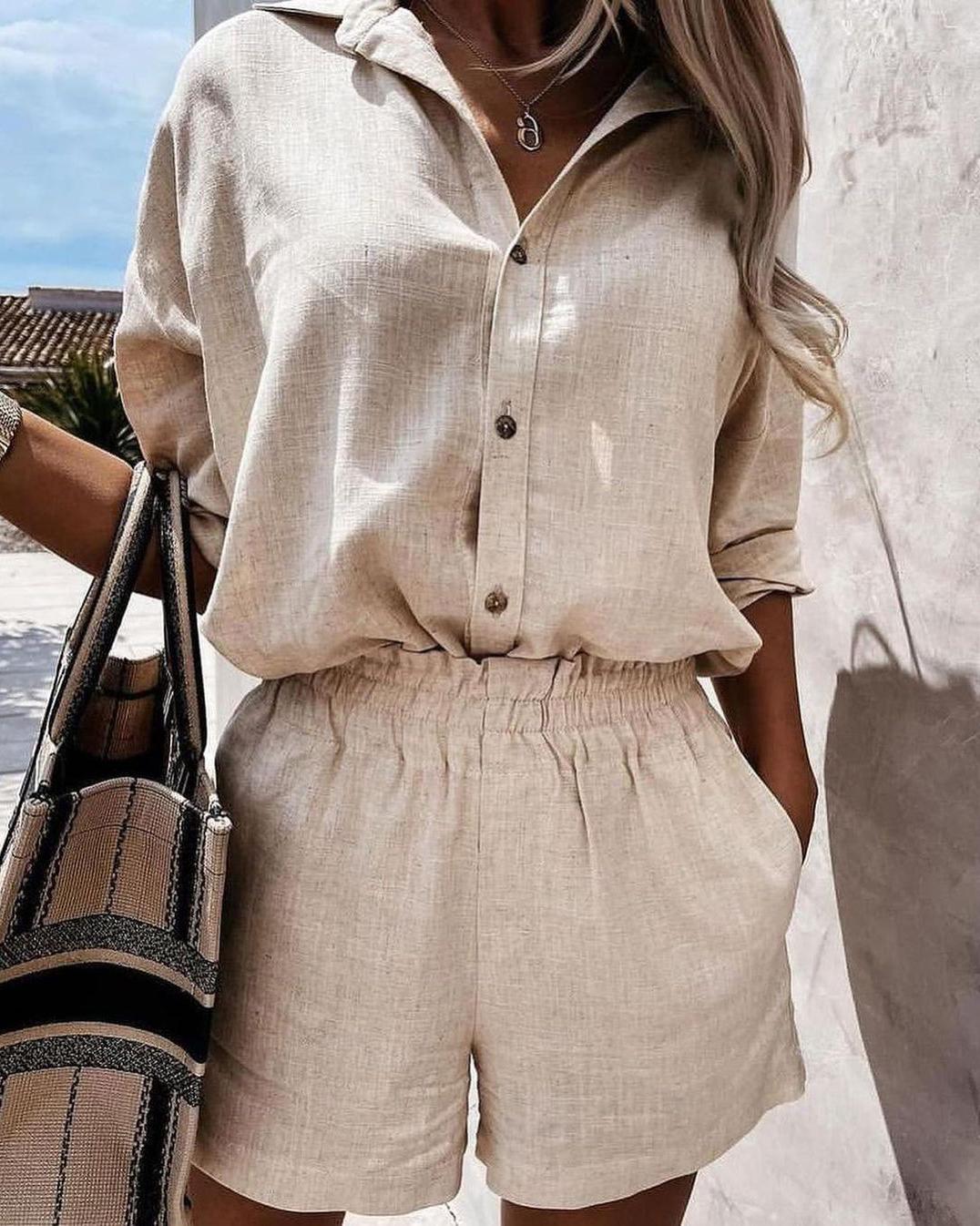 

Button Design Casual Shirt & Shirred Shorts Set, Apricot