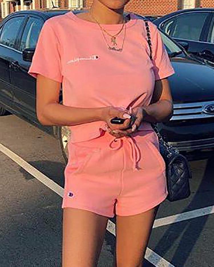 

Fashion Short Sleeve Solid Drawstring Tracksuits, Pink