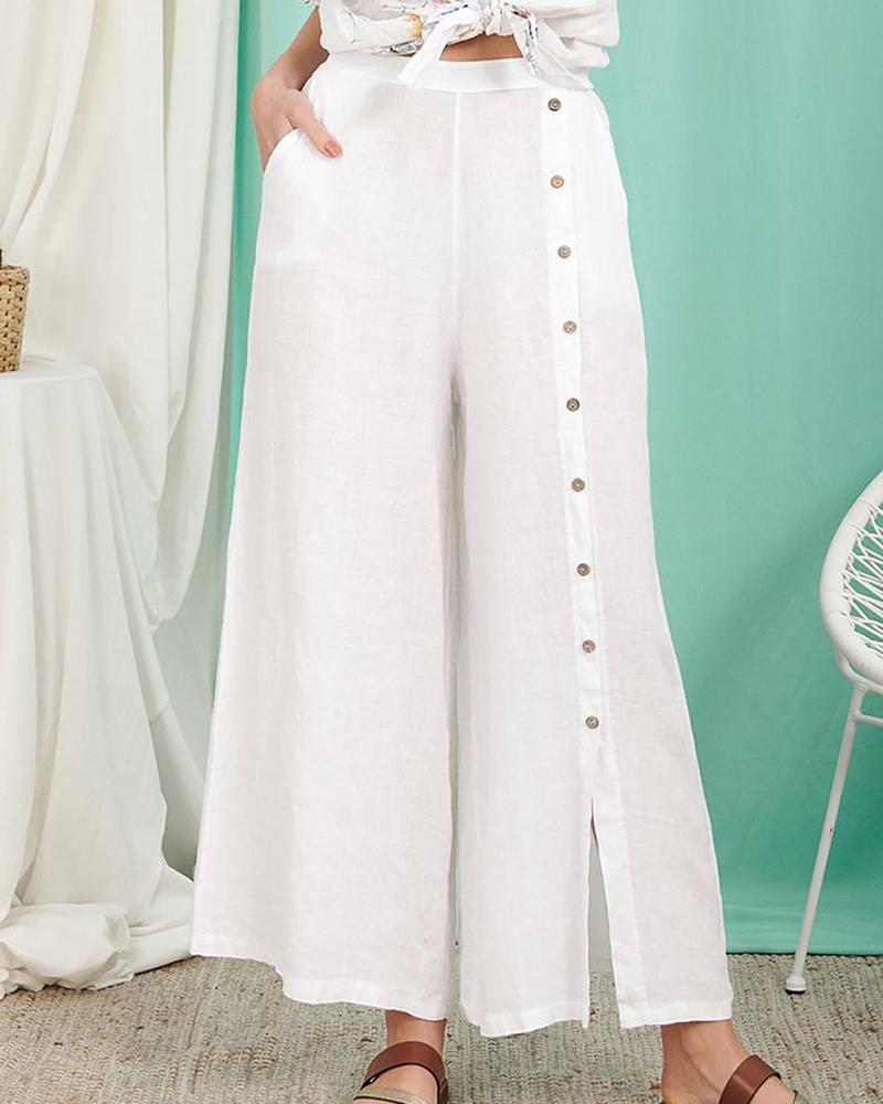 

Slit Button Pocket Decor Wide Leg Pants, White