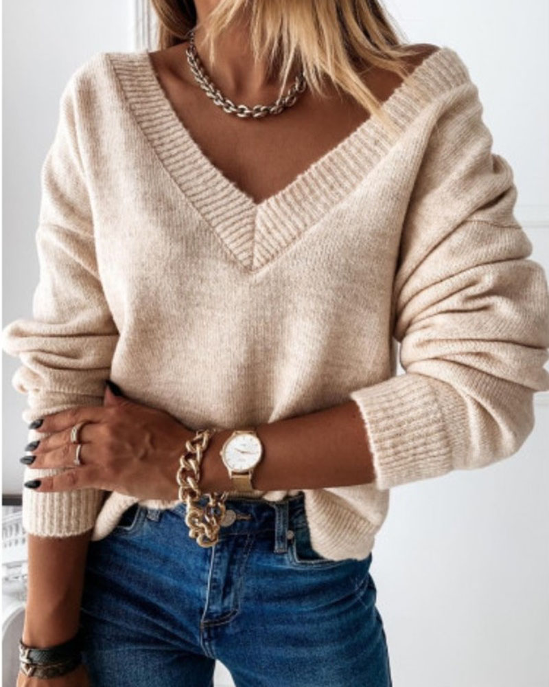 

Long Sleeve Drop Shoulder V-Neck Sweater, Apricot