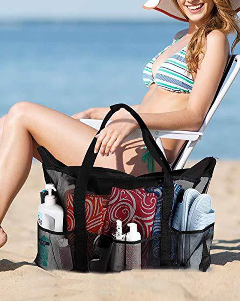 

Large Mesh Beach Tote Bag Multiple Pockets Toys Towels Storage Summer Family Travel Pool Bag, Black