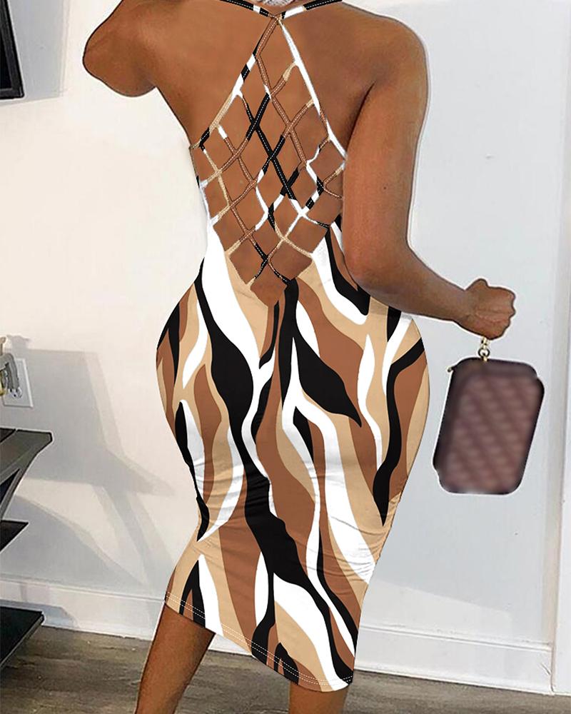 

Abstract Print Fishnet Design Bodycon Dress, Apricot