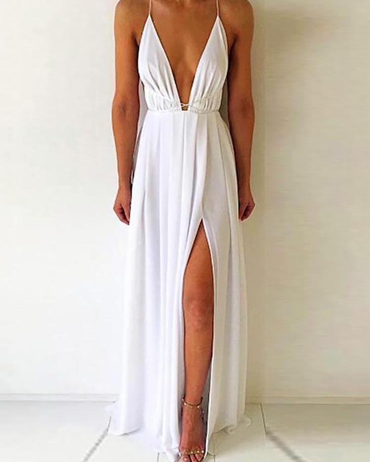 

Plunging Open Back Thigh Slit Maxi Dress, White