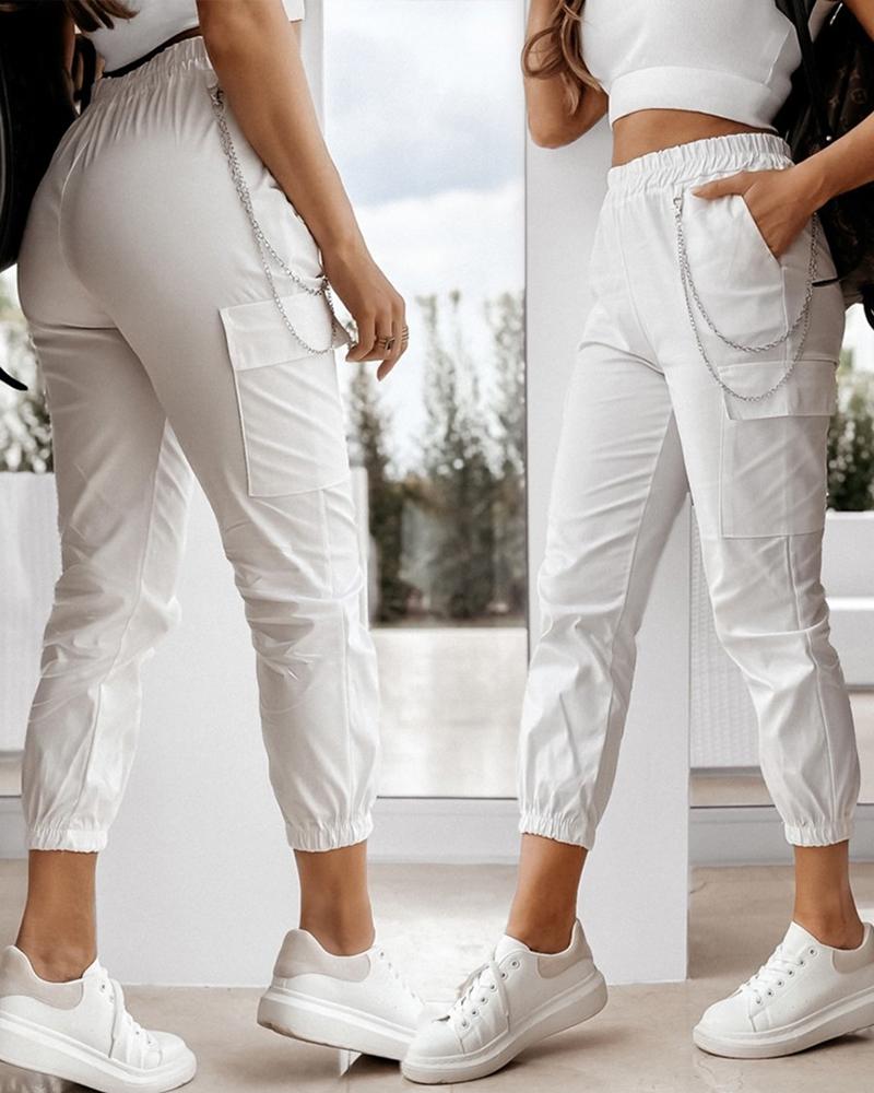 

Chain Decor Cuffed Casual Pants, White