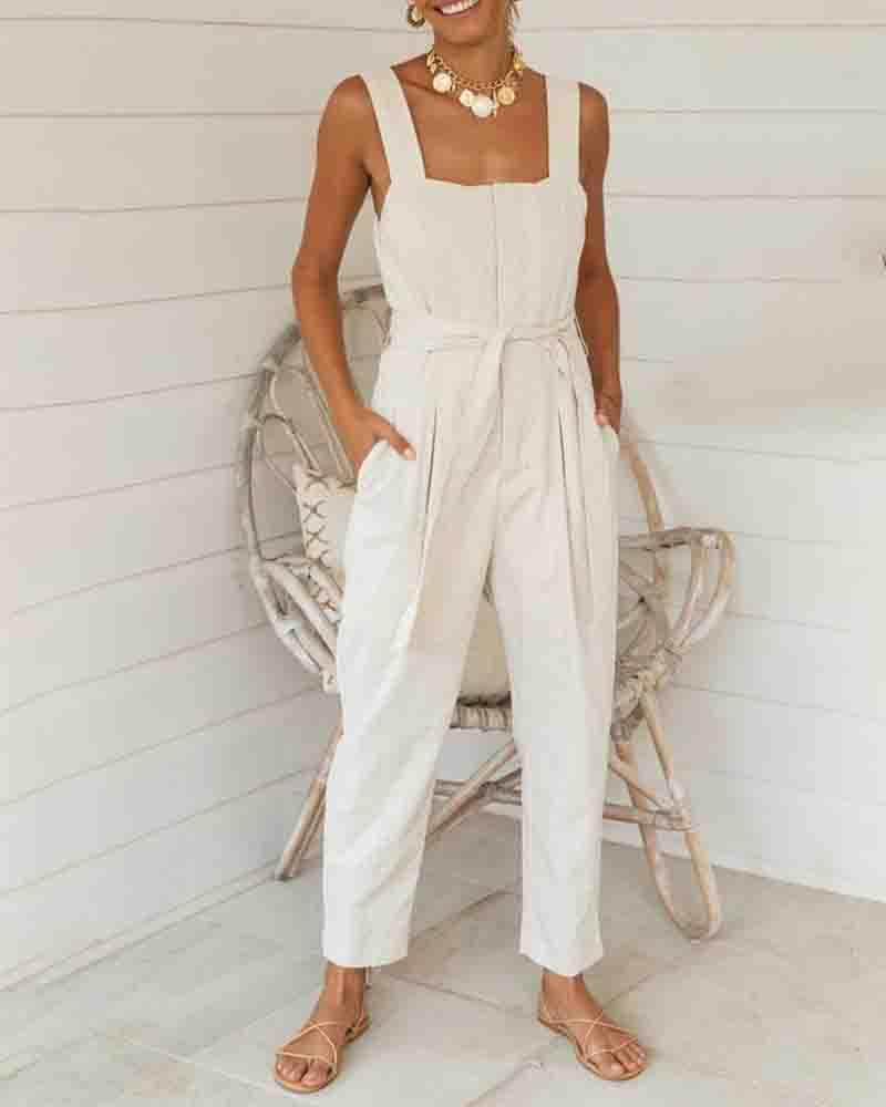

Plain Square Neck Sleeveless Jumpsuit, Khaki