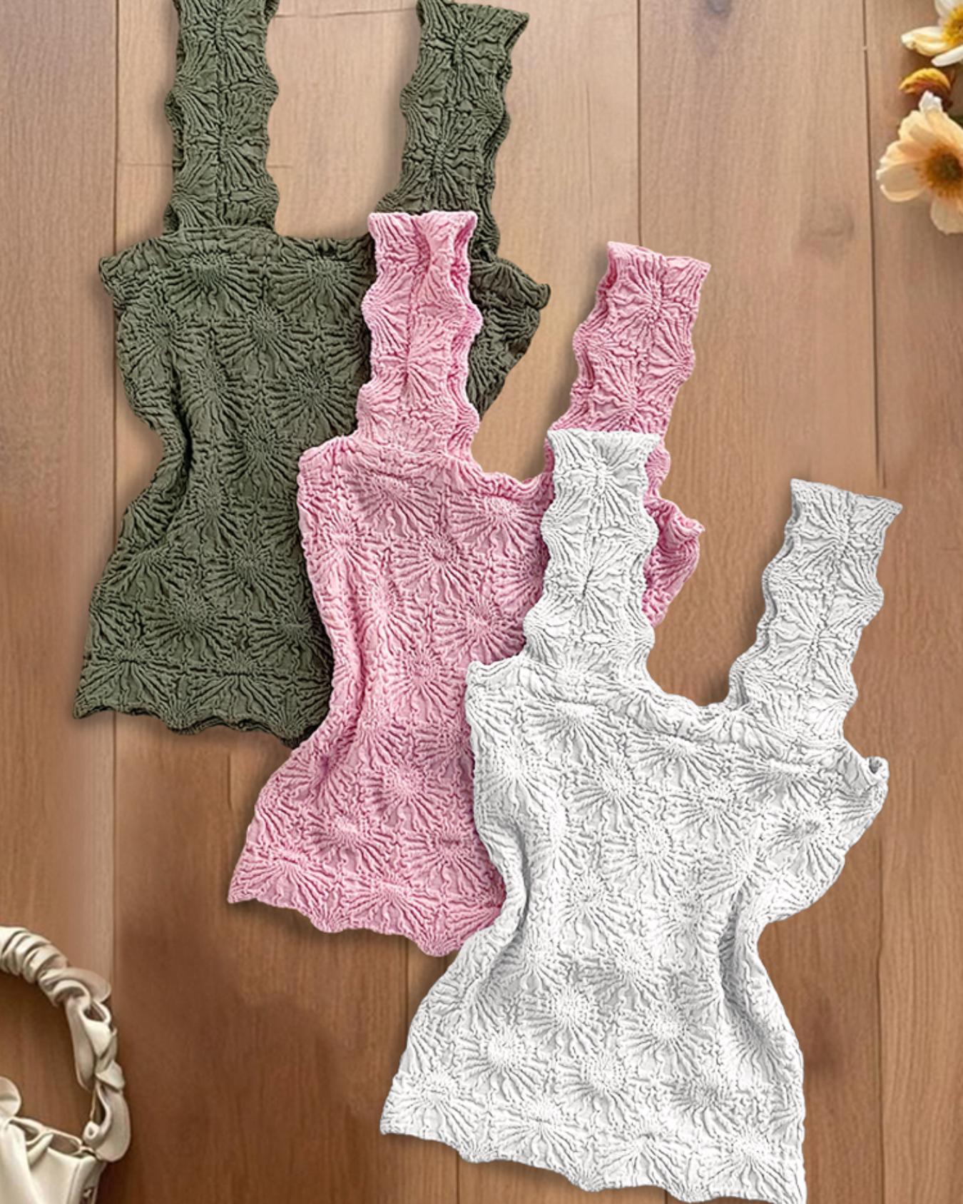 

Pack de 3 camisetas sin mangas con tirantes anchos y ribete de lechuga con jacquard floral, Style1