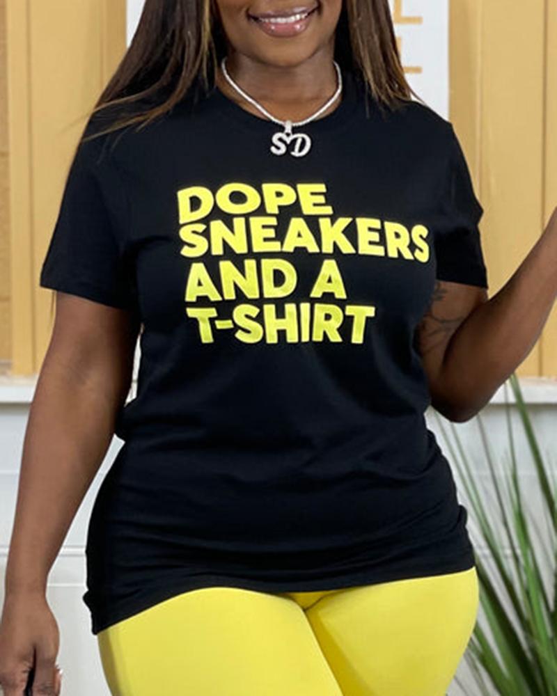 

Letter Print Round Neck Casual T-shirt, Yellow