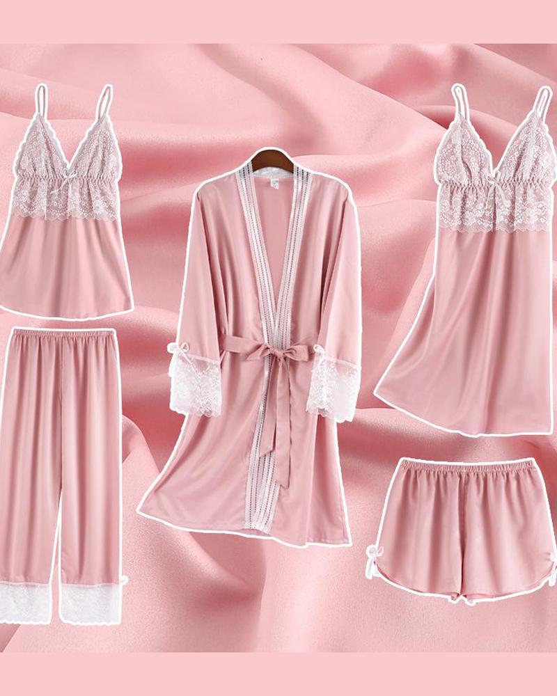 

Lace Trim 5pcs Pajama Set, Pink