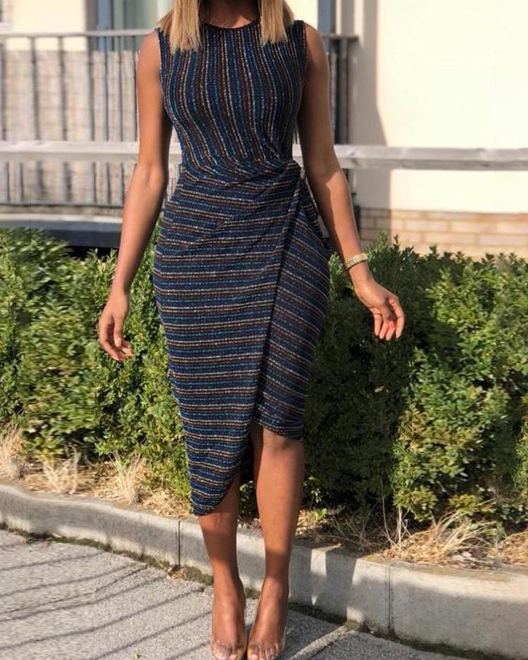 

Shiny Stripes Scrunched Irregular Party Dress, Purplish blue