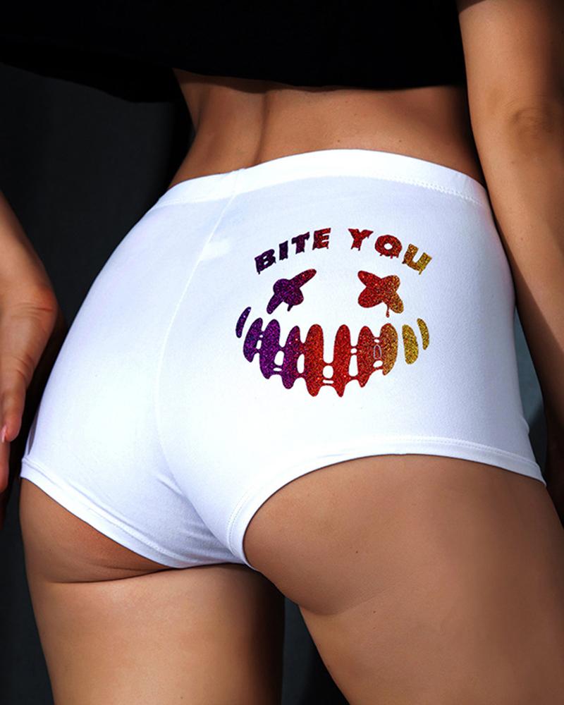 

Halloween Luminous Bite You Scary Face Print Back Panty, White