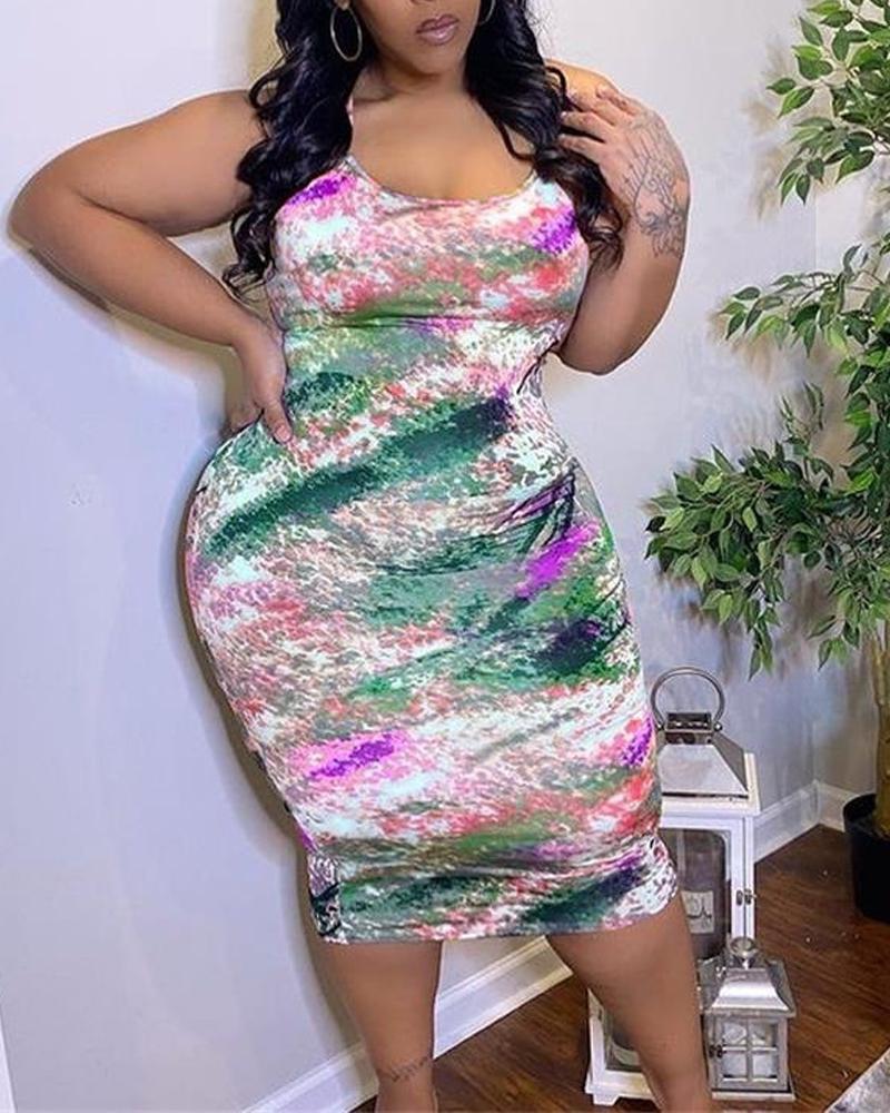 

Plus Size Tie Dye Print Sleeveless Bodycon Dress, Green