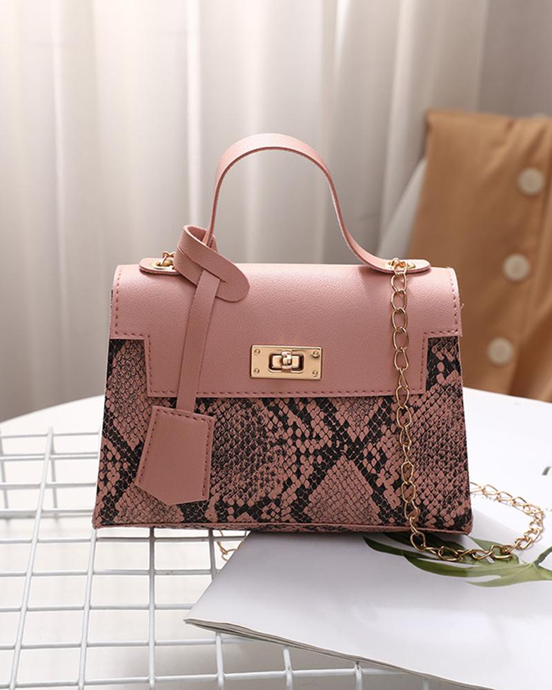 

Snakeskin Twist Lock Square Satchel Bag, Pink