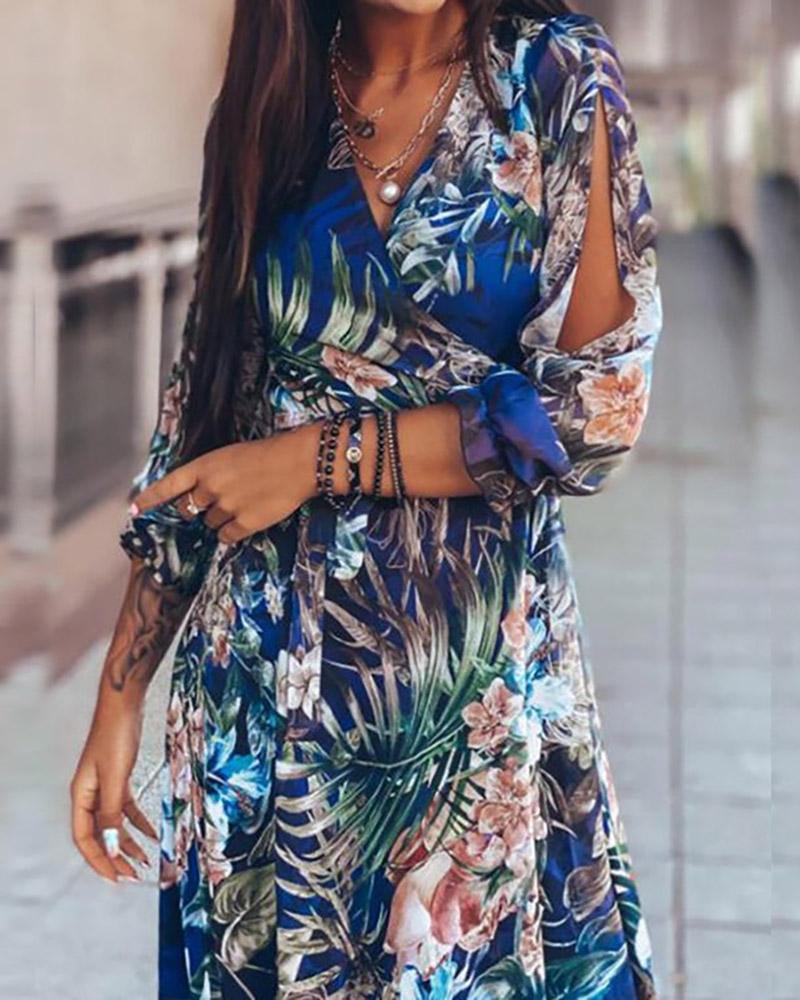 

Floral Print Surplice Neck Cutout Maxi Dress, Blue