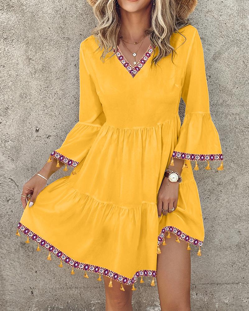 

Tribal Tape Patch Fringe Hem Casual Dress, Yellow