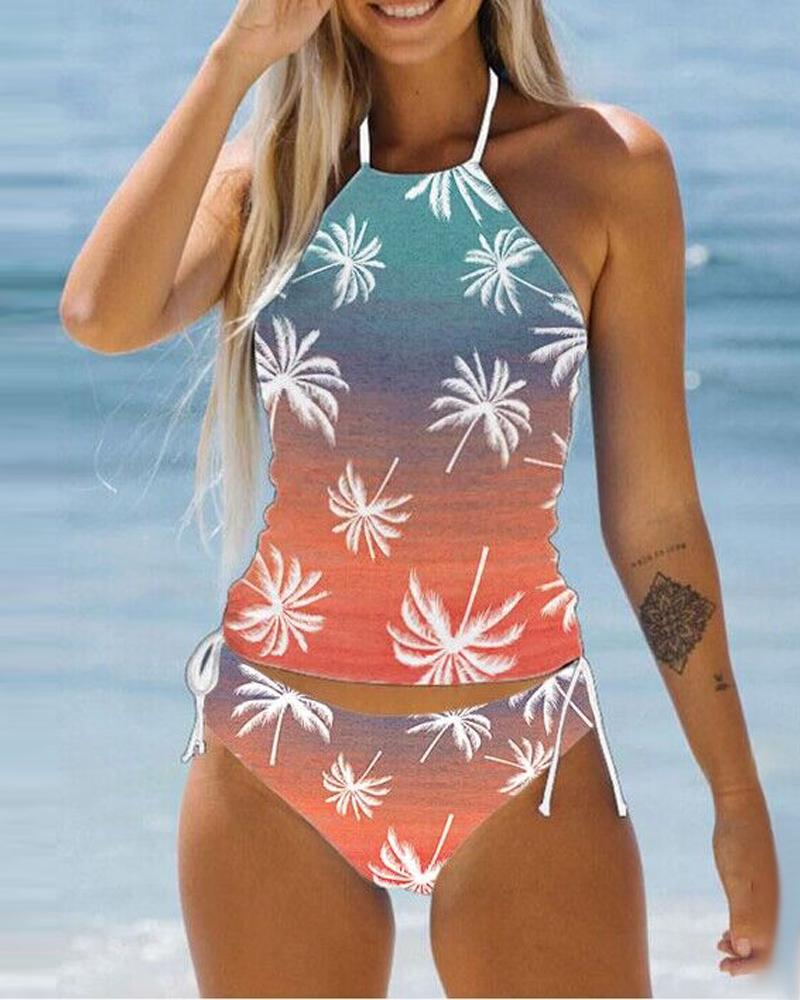 

Coconut Tree Print Ombre Halter Tankini Set, Multicolor