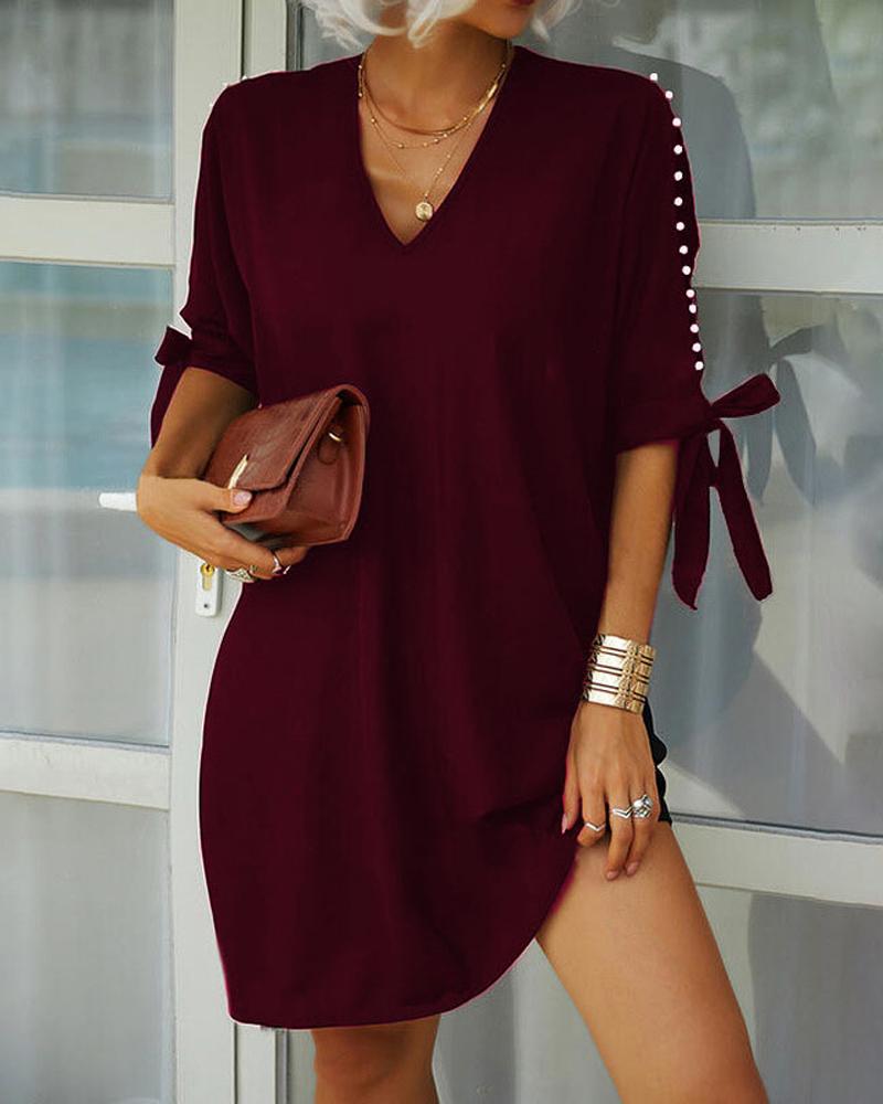 

Beaded Tied Detail Cold Shoulder Casual Dress, Wine red