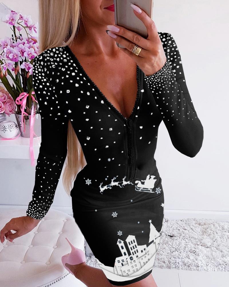 

V Neck Rhinestone Christmas Print Bodycon Dress, Black