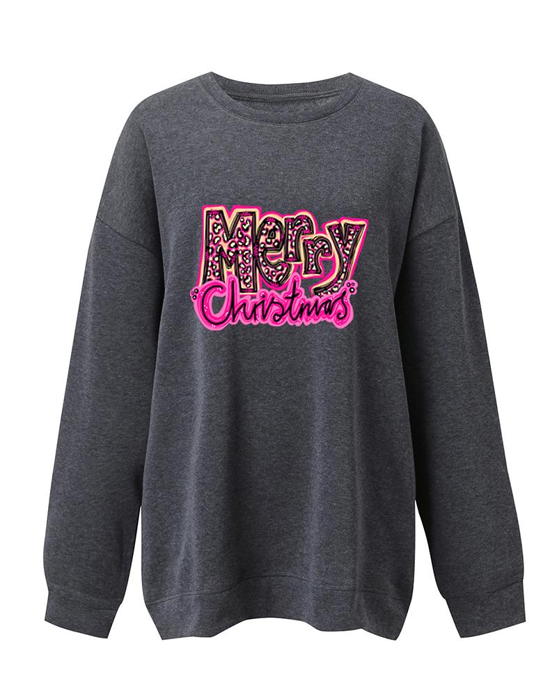 

Christmas Letter Print Long Sleeve Sweatshirt, Gray