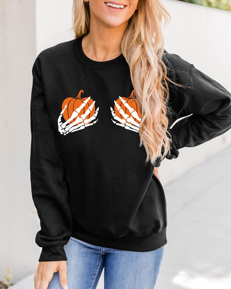 

Halloween Skull Hands Pumpkin Print Long Sleeve Sweatshirt, Black