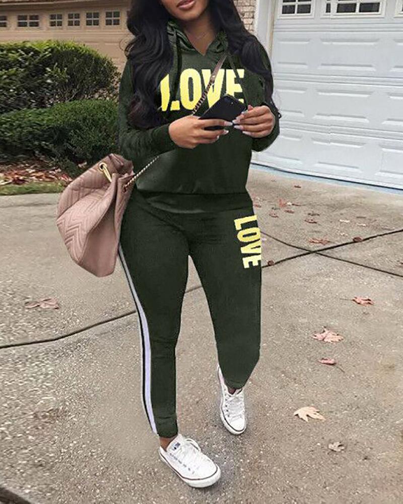 

Letter Print Hooded Sweatshirt & Striped Pants Set, Green