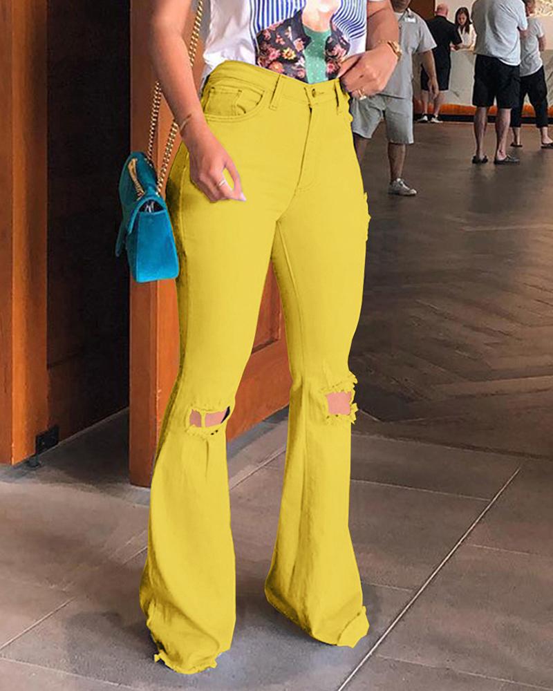 

High Waist Cutout Front Bootcut Jeans, Yellow