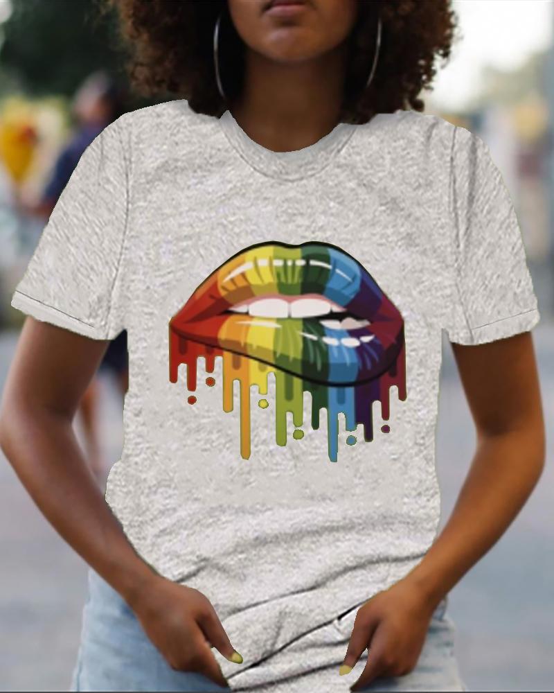

Lip Print Colorblock Short Sleeve Casual T-shirt, Gray