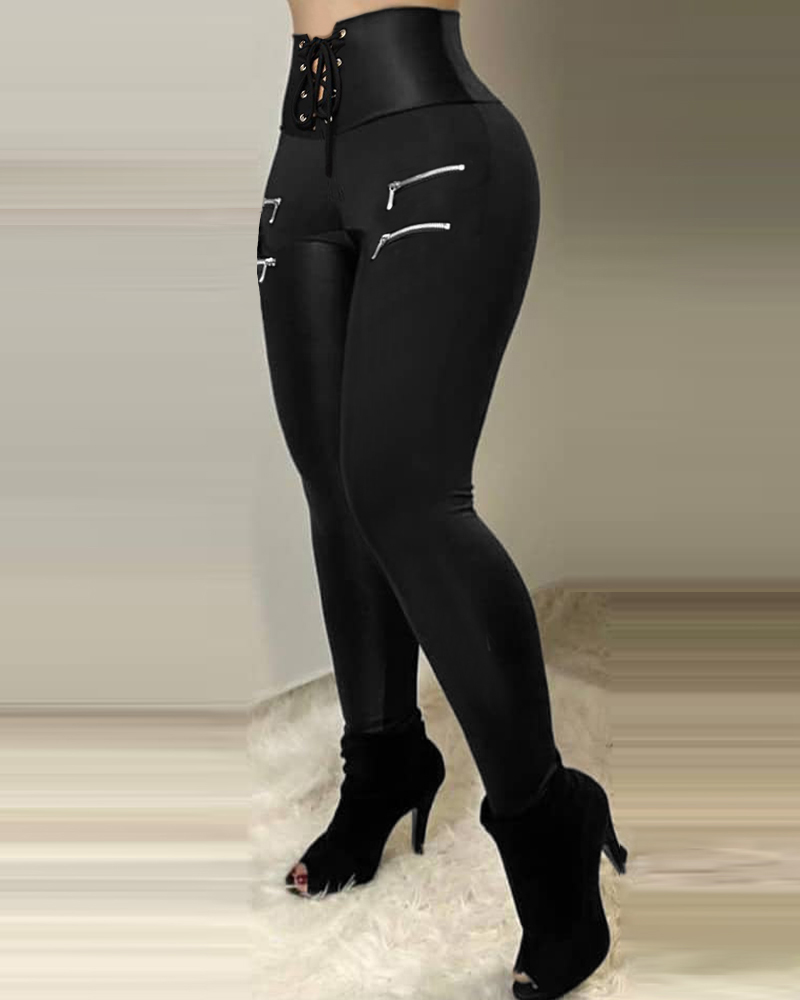 

Eyelet Lace-up Zipper Design Skinny Pants, Black